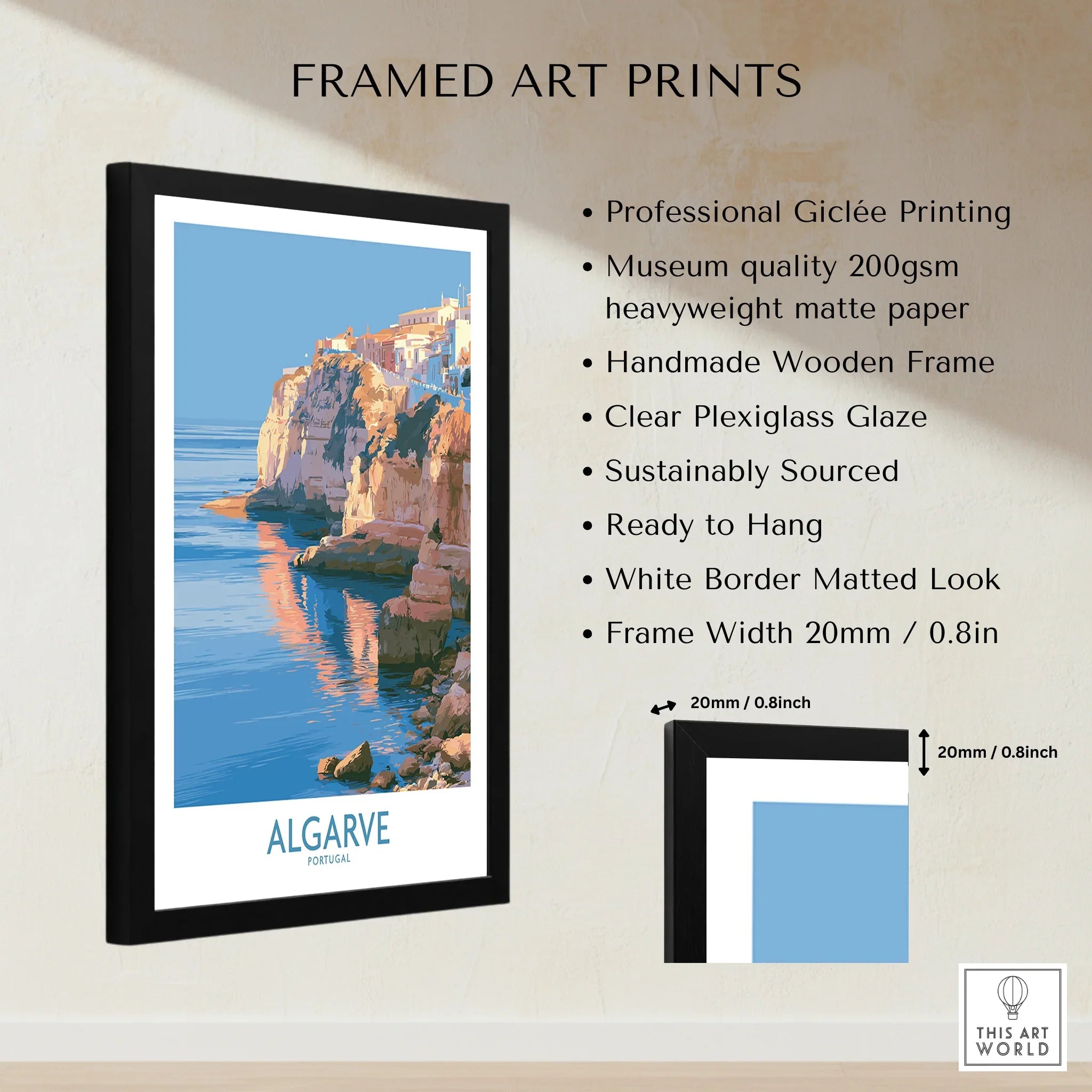 Algarve Portugal Seaside Cliffs Wall Art — framed print details measurements quality details