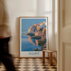 Algarve Portugal Seaside Cliffs Wall Art — framed canvas on floor man walking past