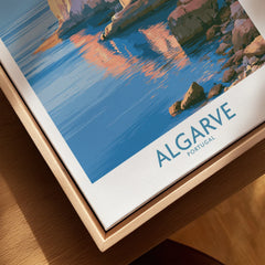 Algarve Portugal Seaside Cliffs Wall Art — closeup framed canvas natural wood floating frame