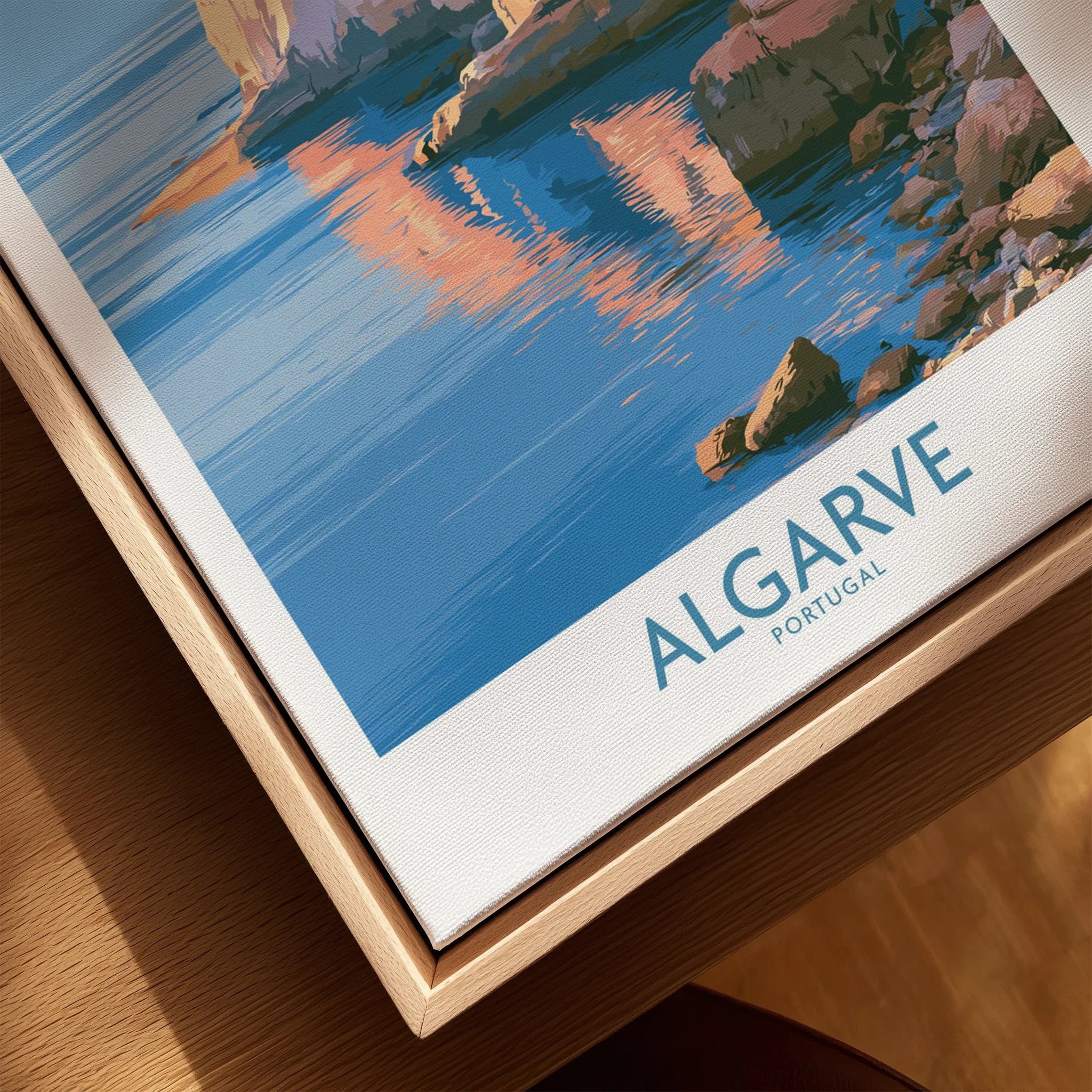 Algarve Portugal Seaside Cliffs Wall Art — closeup framed canvas natural wood floating frame