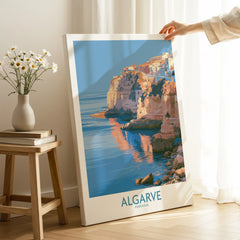Algarve Portugal Seaside Cliffs Wall Art — canvas print mirror edge hand holding room setting