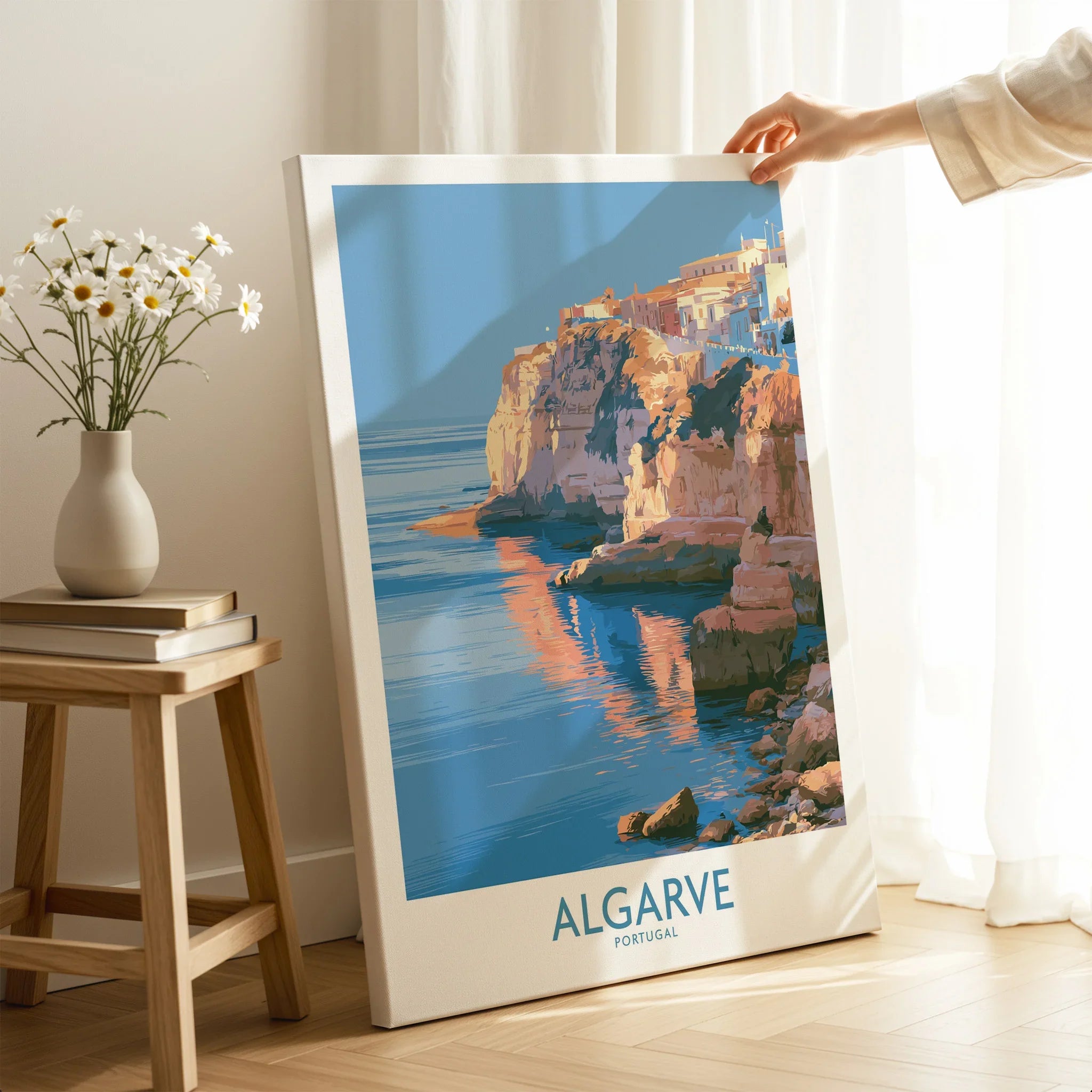 Algarve Portugal Seaside Cliffs Wall Art — canvas print mirror edge hand holding room setting