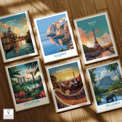 Algarve Portugal Seaside Cliffs Wall Art — set six framed art prints wooden floor natural wood frames