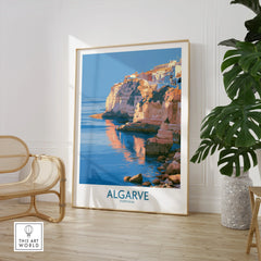 Algarve Portugal Seaside Cliffs Wall Art — large framed print room setting chair plant