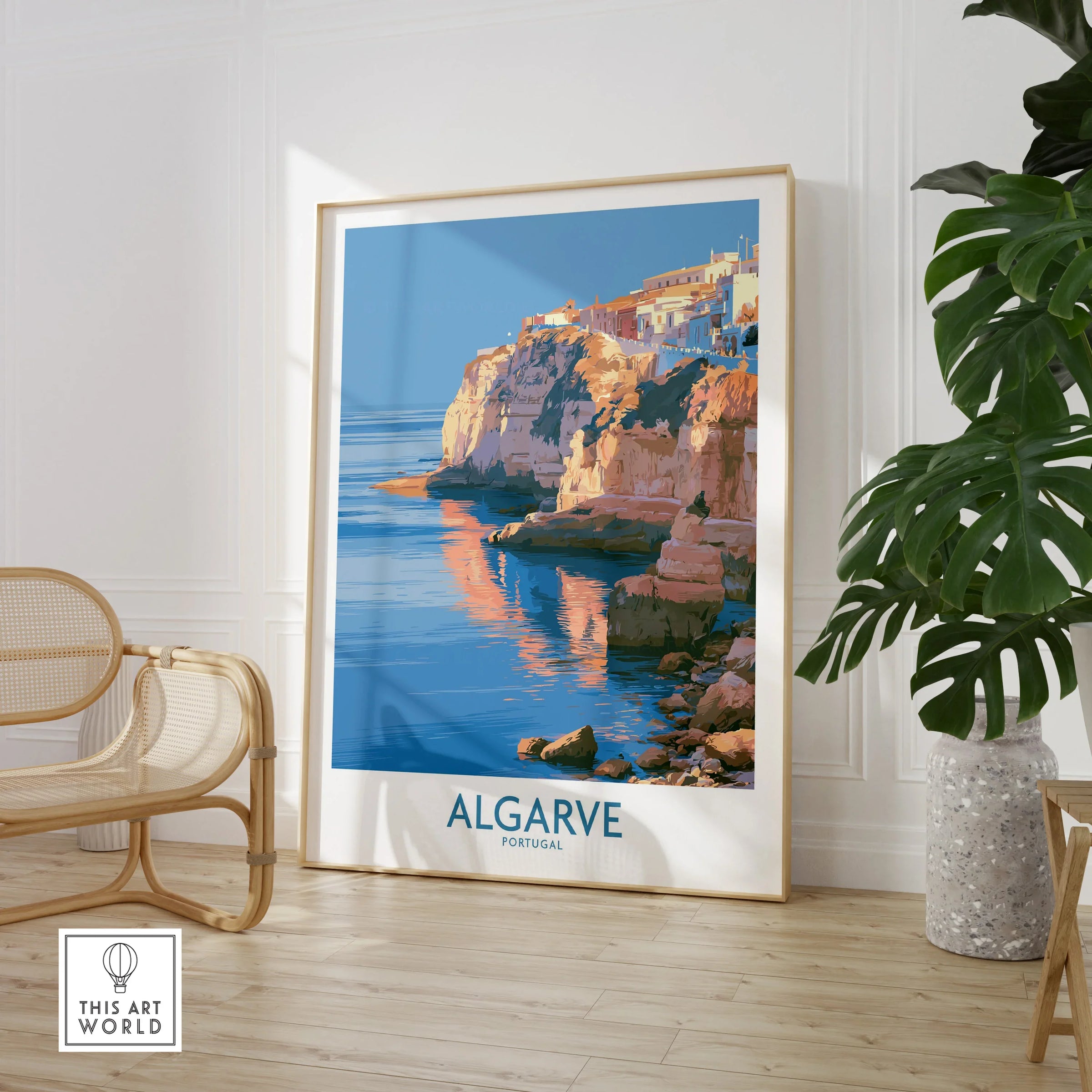 Algarve Portugal Seaside Cliffs Wall Art — large framed print room setting chair plant