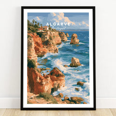 Algarve Portugal Benagil Cave Travel Poster — art print in black frame on wooden floor