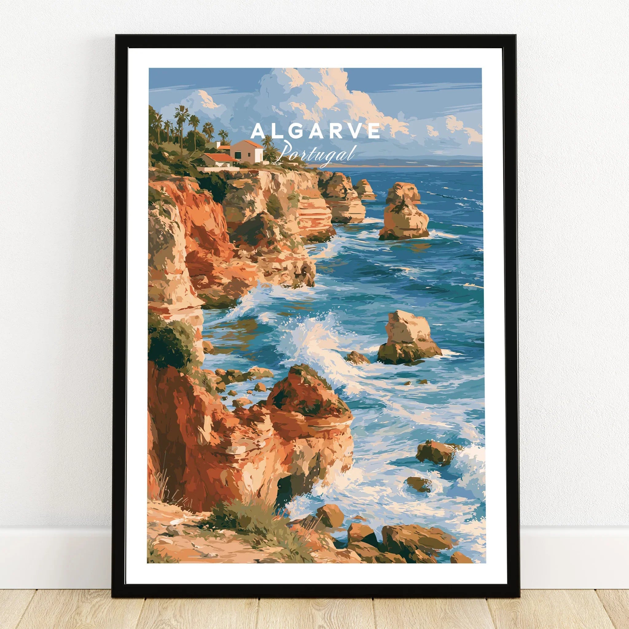Algarve Portugal Benagil Cave Travel Poster — art print in black frame on wooden floor