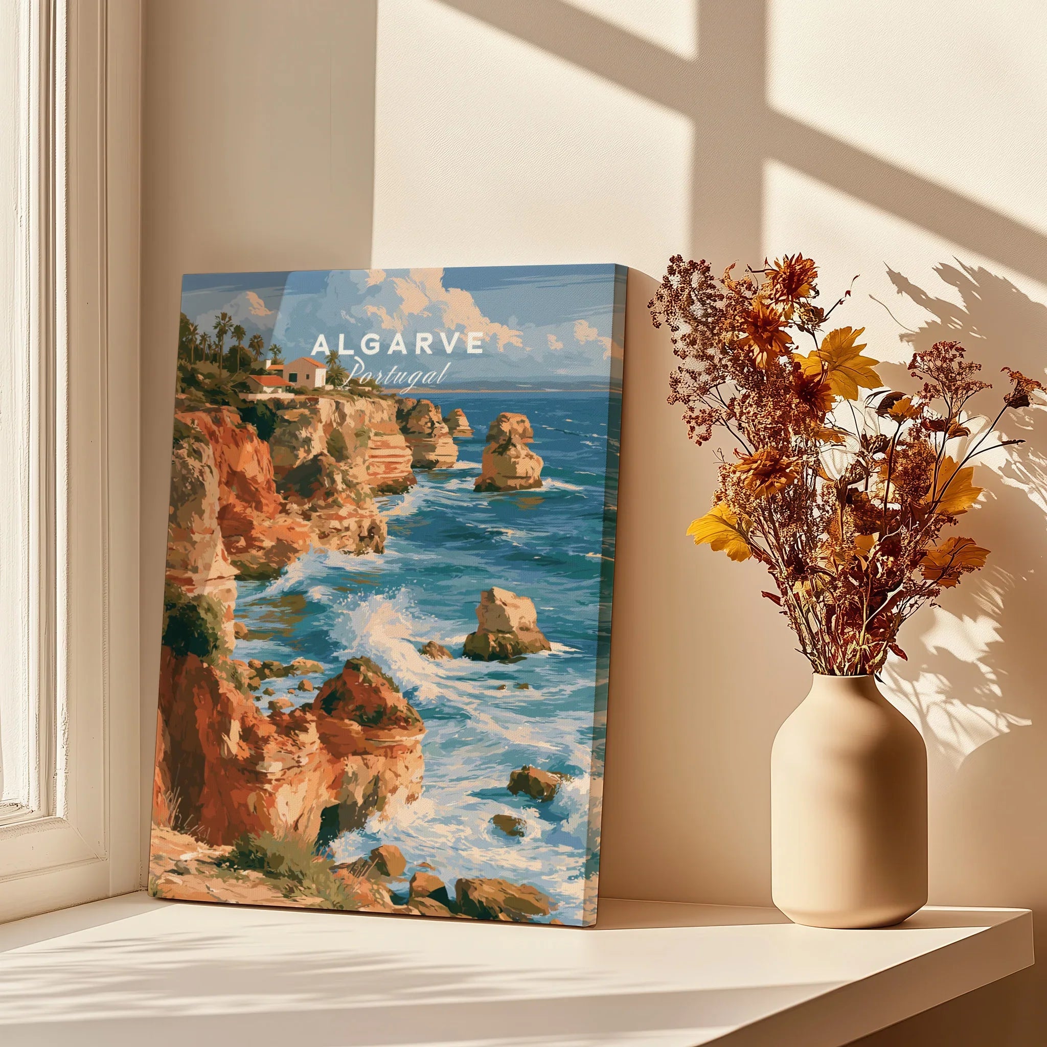 Algarve Portugal Benagil Cave Travel Poster — canvas print window setting with shadows flowers