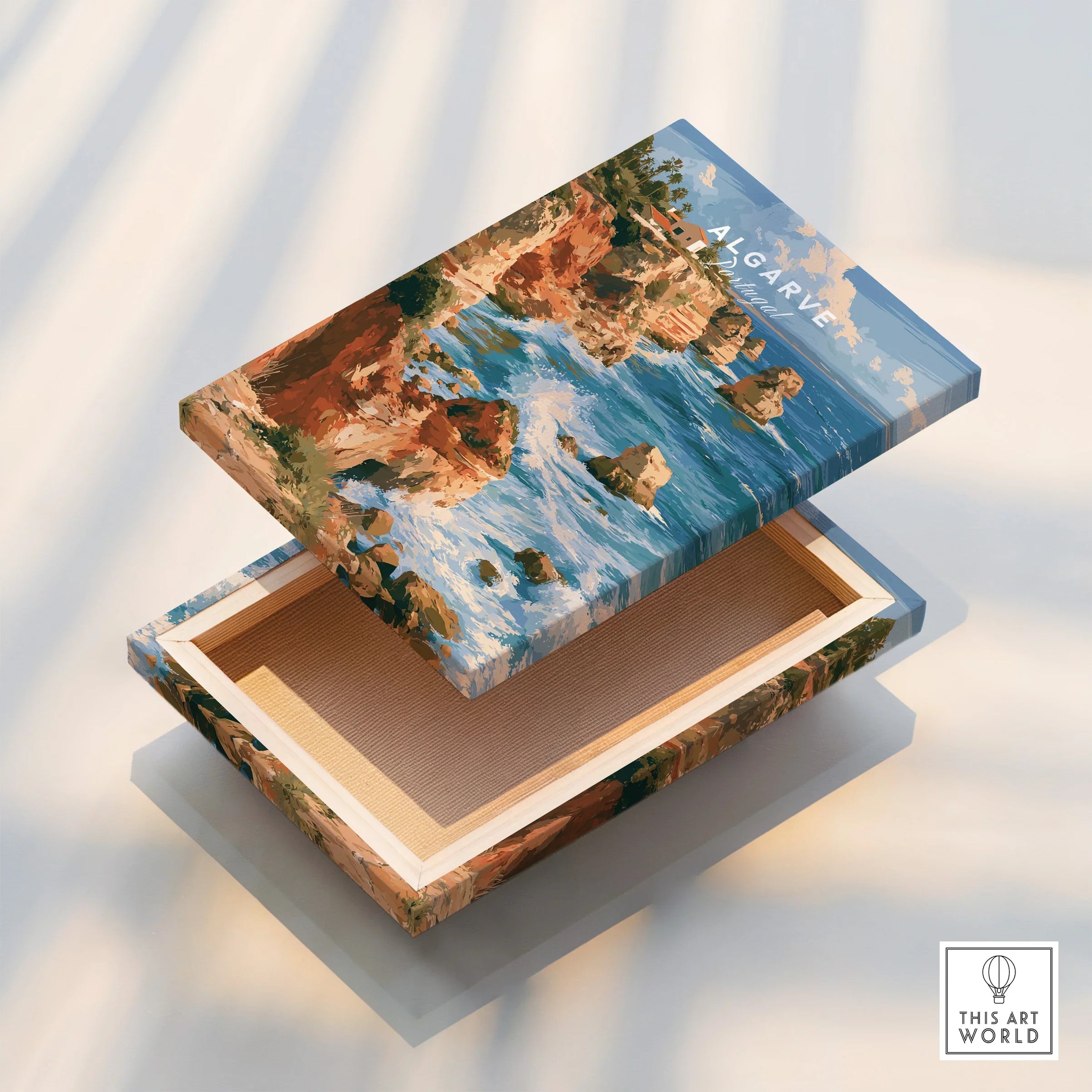 Algarve Portugal Benagil Cave Travel Poster — stretched canvas print floating detail mirror edge