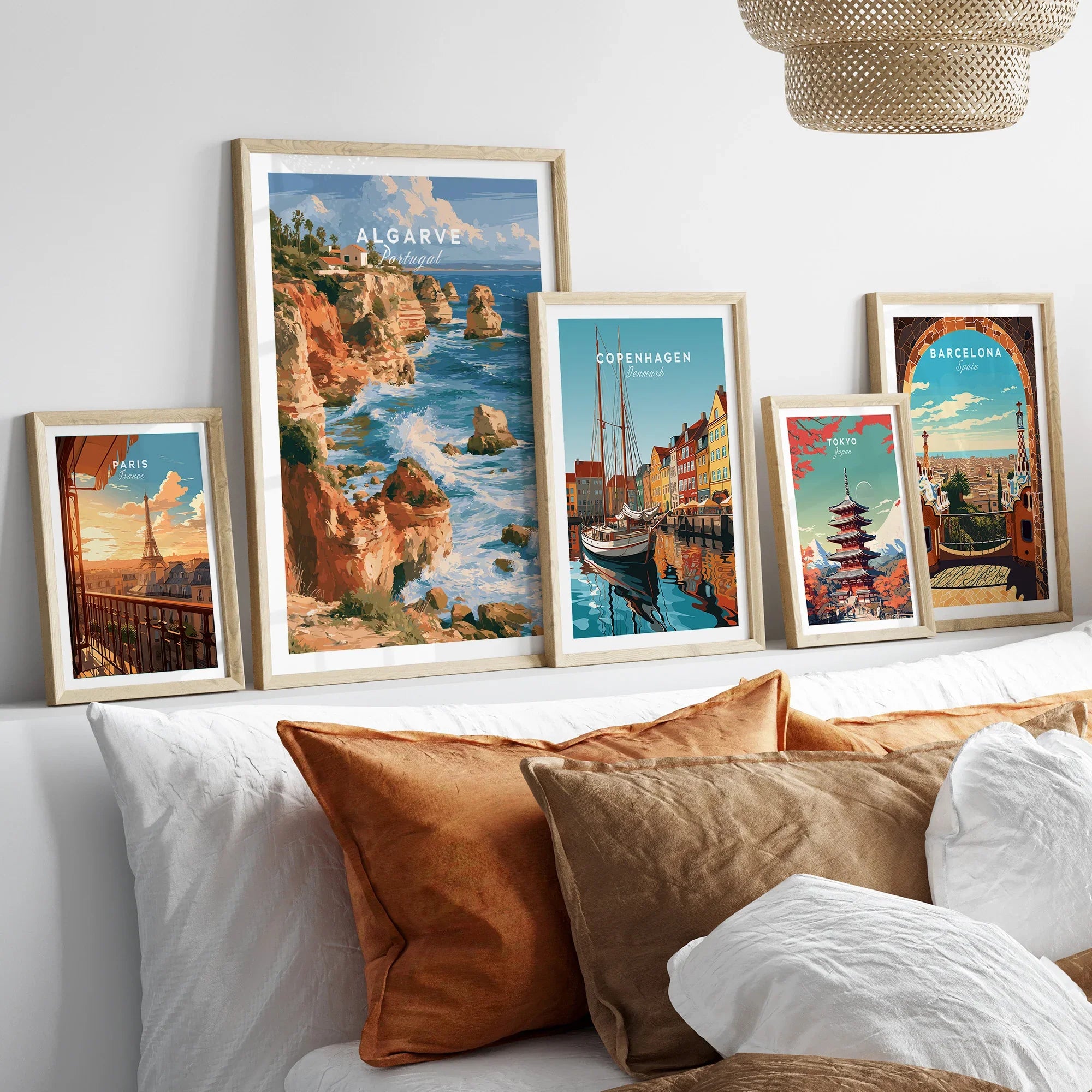 Algarve Portugal Benagil Cave Travel Poster — set five framed artprints above bed natural wood frames