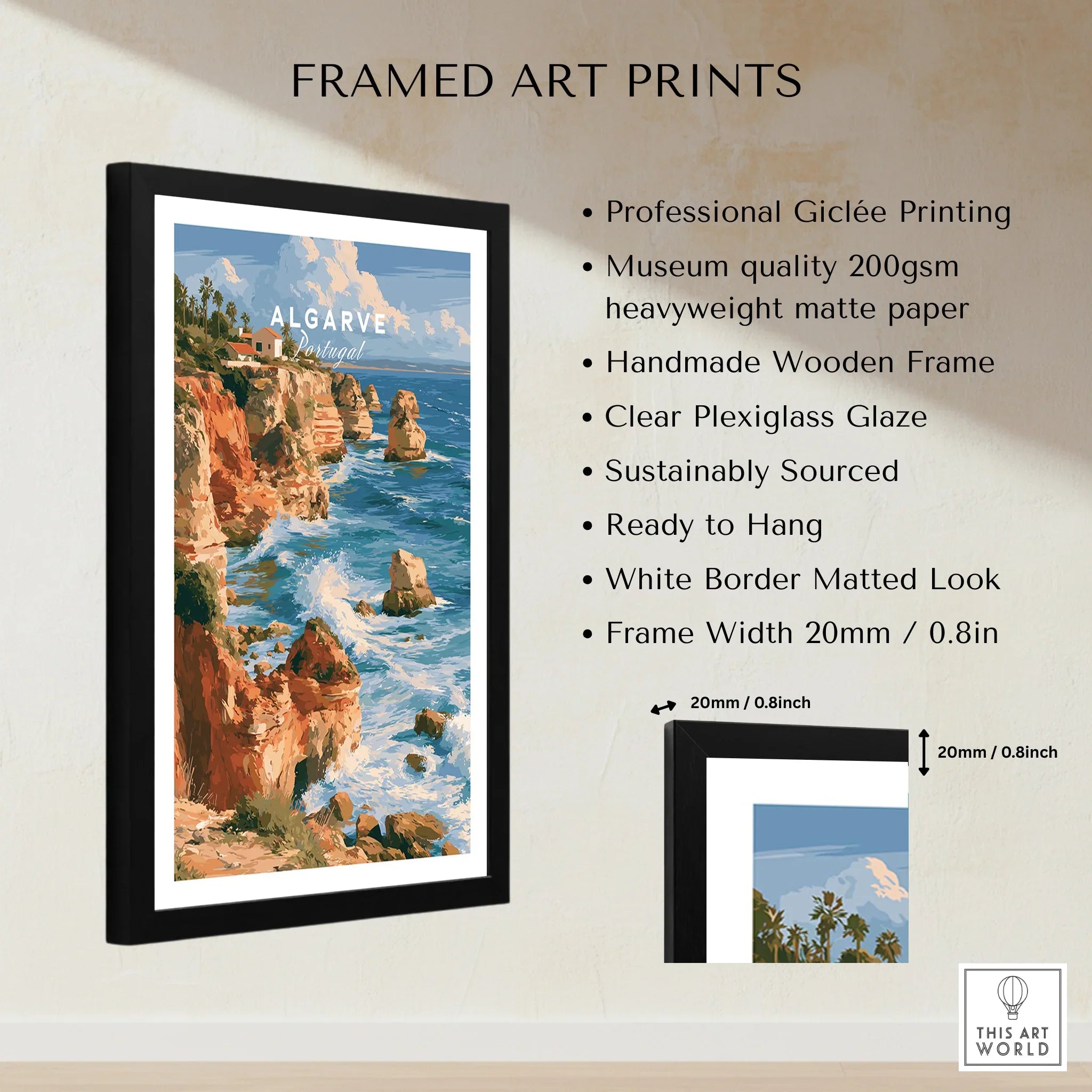 Algarve Portugal Benagil Cave Travel Poster — framed print details measurements quality details