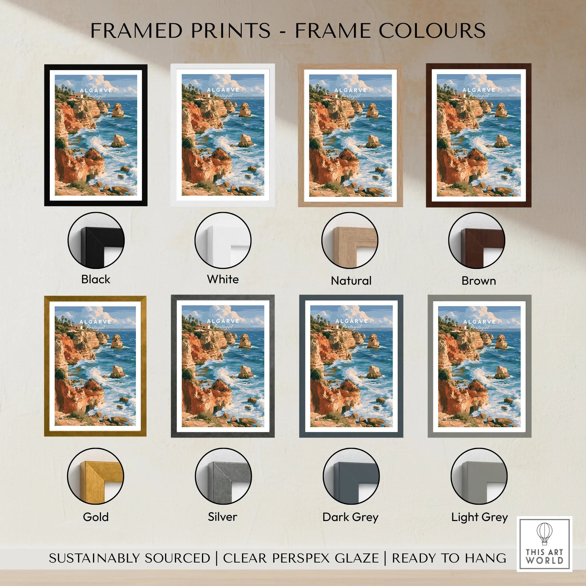 Algarve Portugal Benagil Cave Travel Poster — framed print colour options