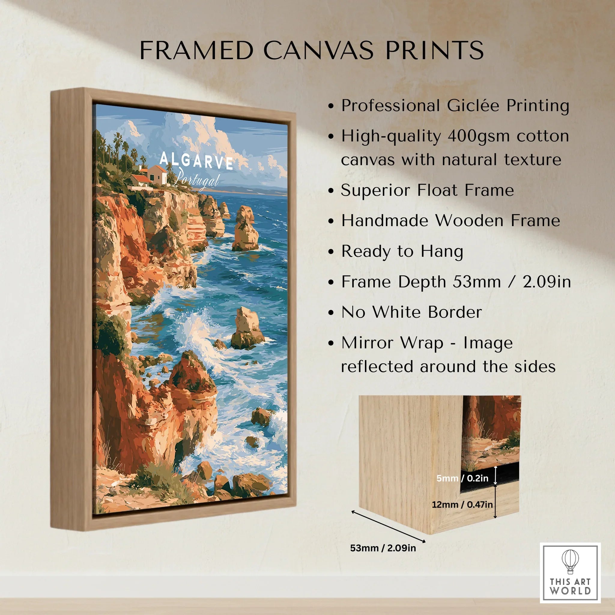 Algarve Portugal Benagil Cave Travel Poster — framed canvas float frame details quality