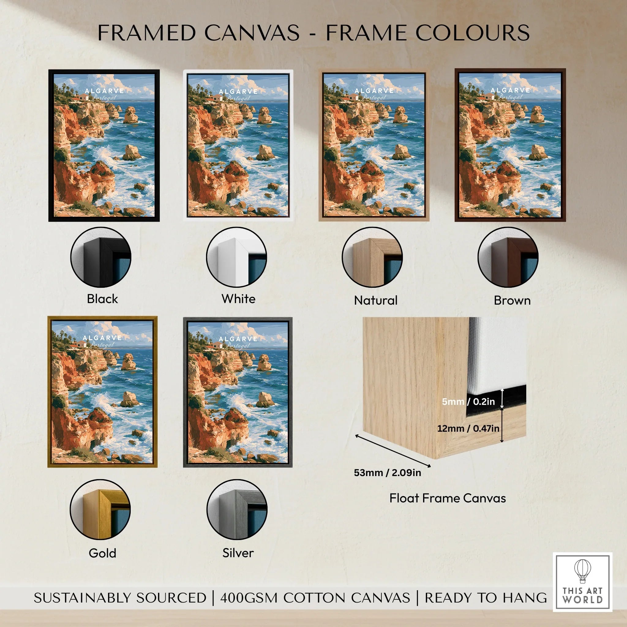 Algarve Portugal Benagil Cave Travel Poster — framed canvas float frame colour options