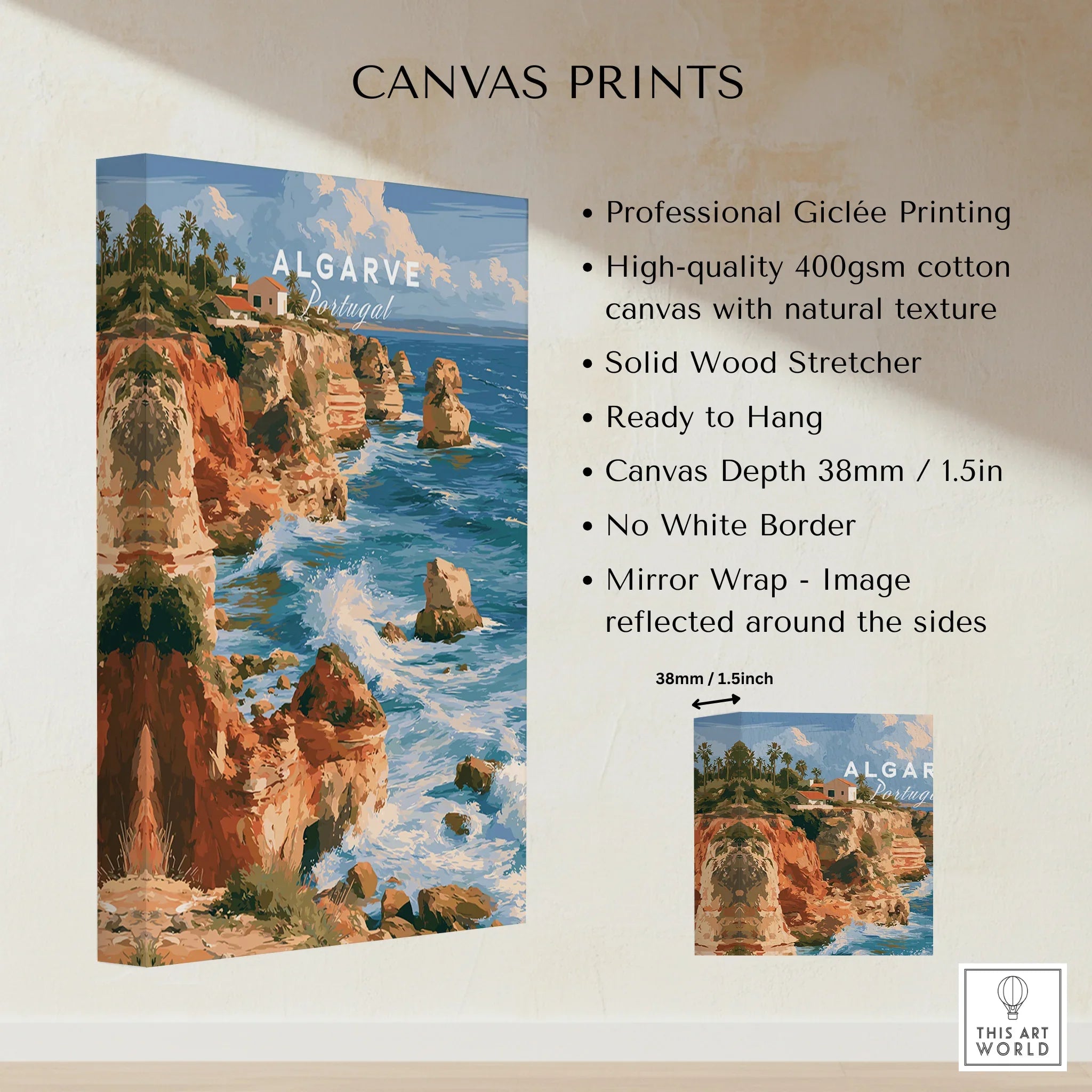 Algarve Portugal Benagil Cave Travel Poster — canvas print stretched cotton canvas details