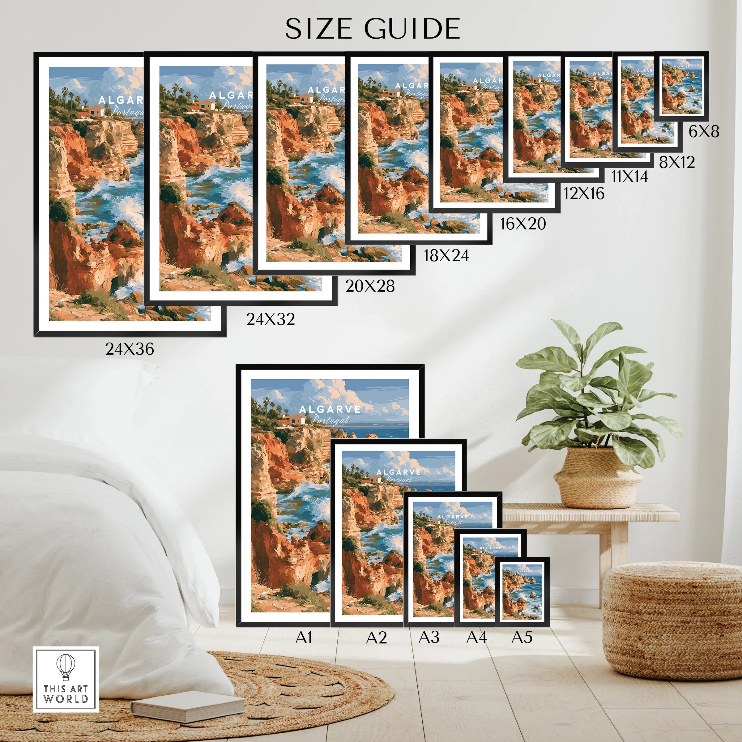 Algarve Portugal Benagil Cave Travel Poster — wall art poster size guide thisartworld