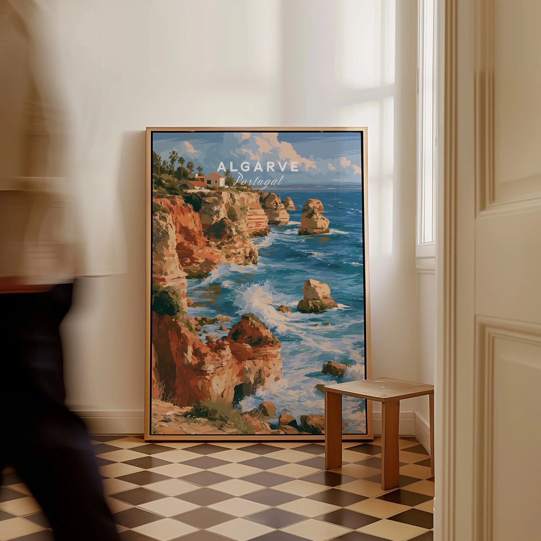 Algarve Portugal Benagil Cave Travel Poster — framed canvas on floor man walking past