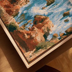 Algarve Portugal Benagil Cave Travel Poster — closeup framed canvas natural wood floating frame