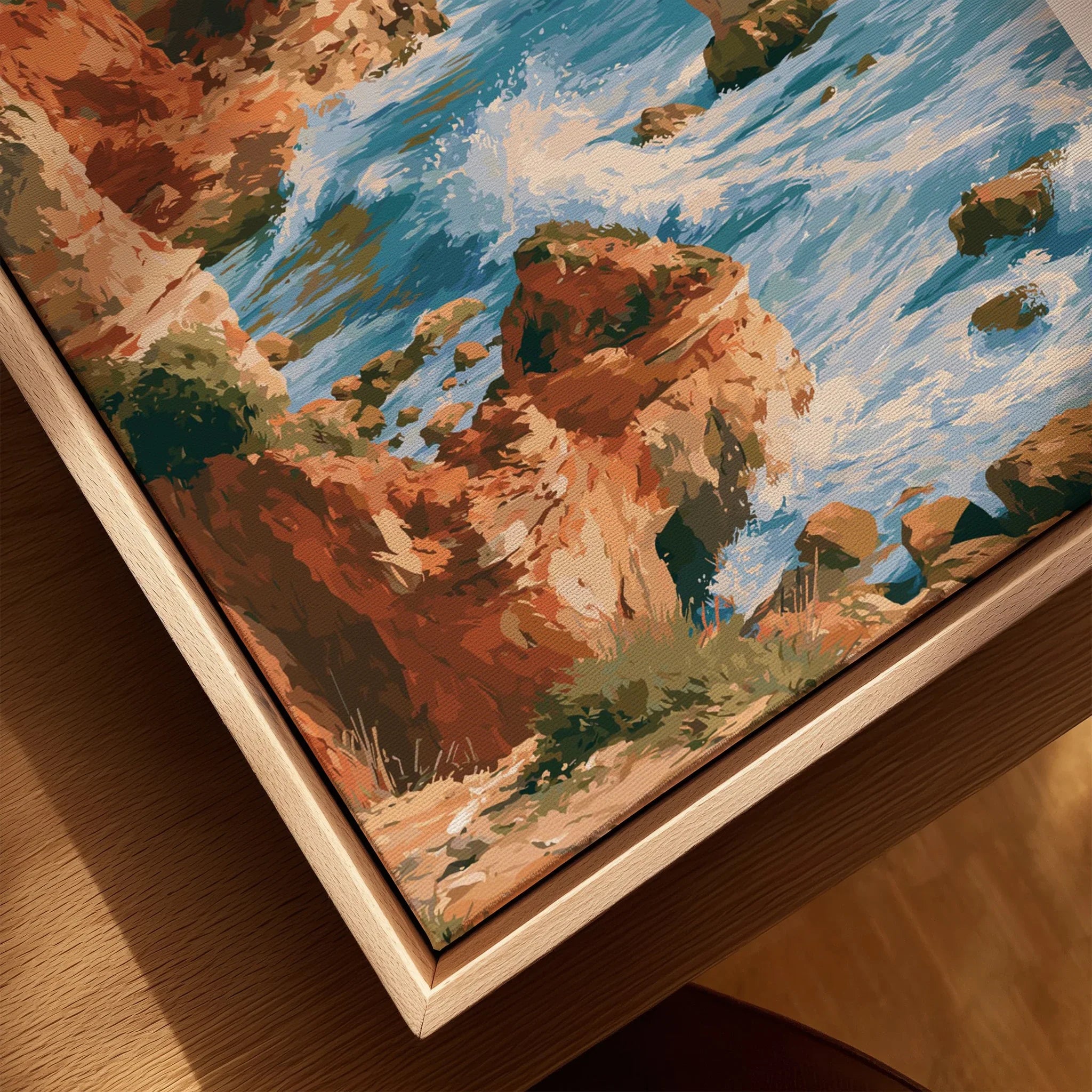 Algarve Portugal Benagil Cave Travel Poster — closeup framed canvas natural wood floating frame