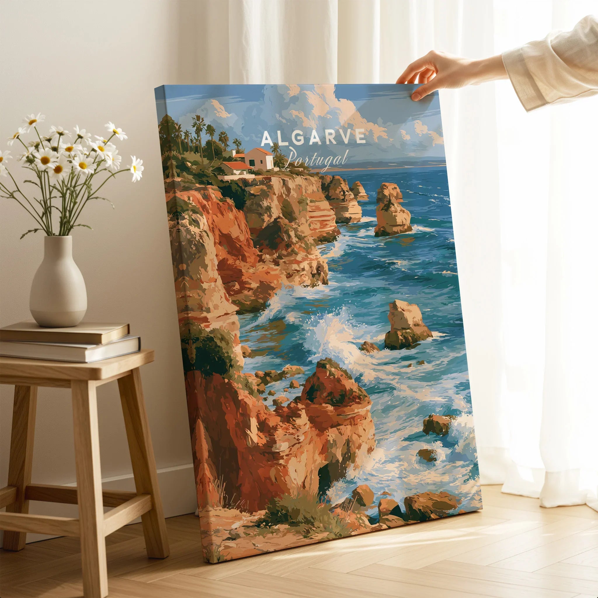 Algarve Portugal Benagil Cave Travel Poster — canvas print mirror edge hand holding room setting
