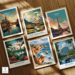 Algarve Portugal Benagil Cave Travel Poster — set six framed art prints wooden floor natural wood frames