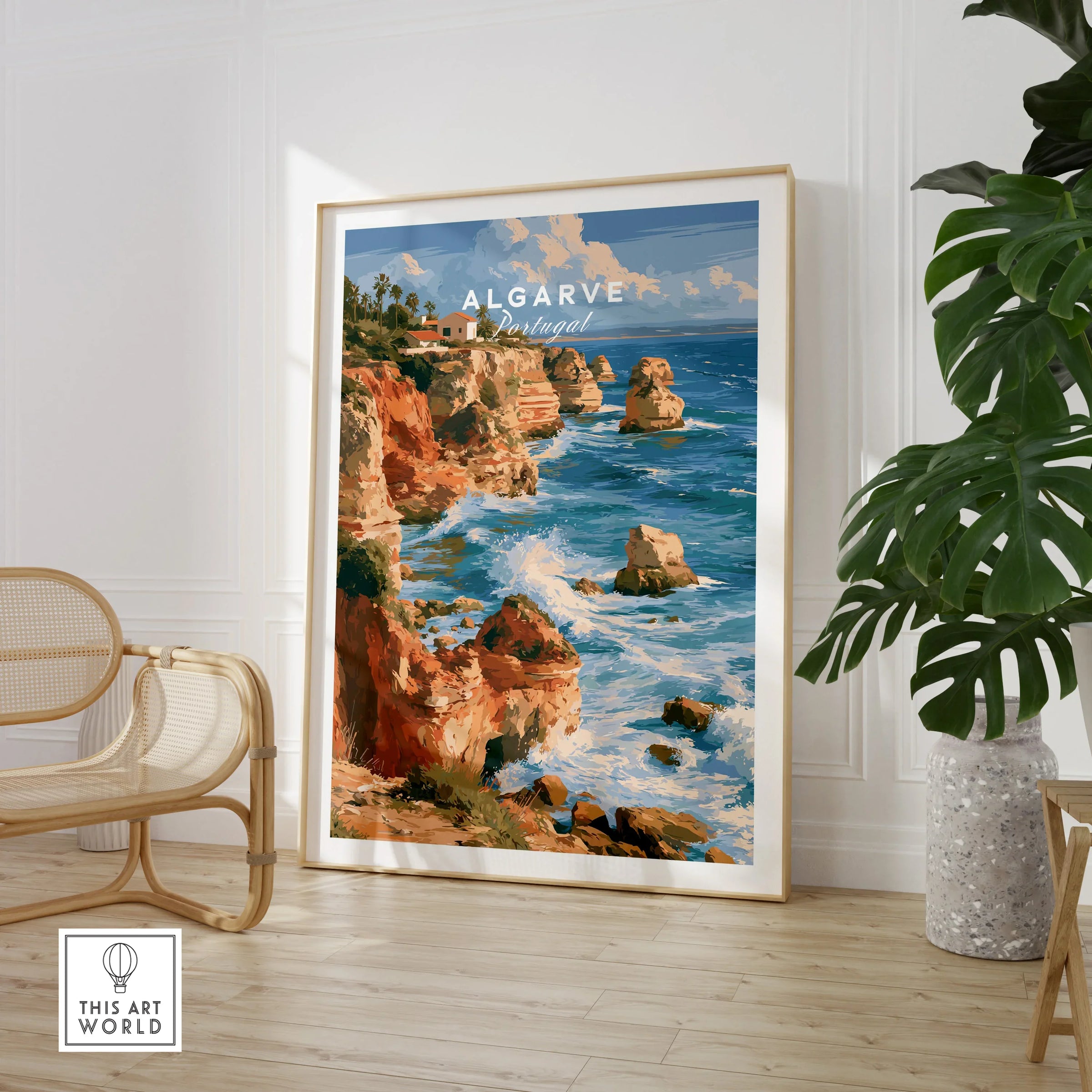 Algarve Portugal Benagil Cave Travel Poster — large framed print room setting chair plant