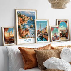 Algarve Portugal Benagil Cave Wall Art — set five framed artprints above bed natural wood frames