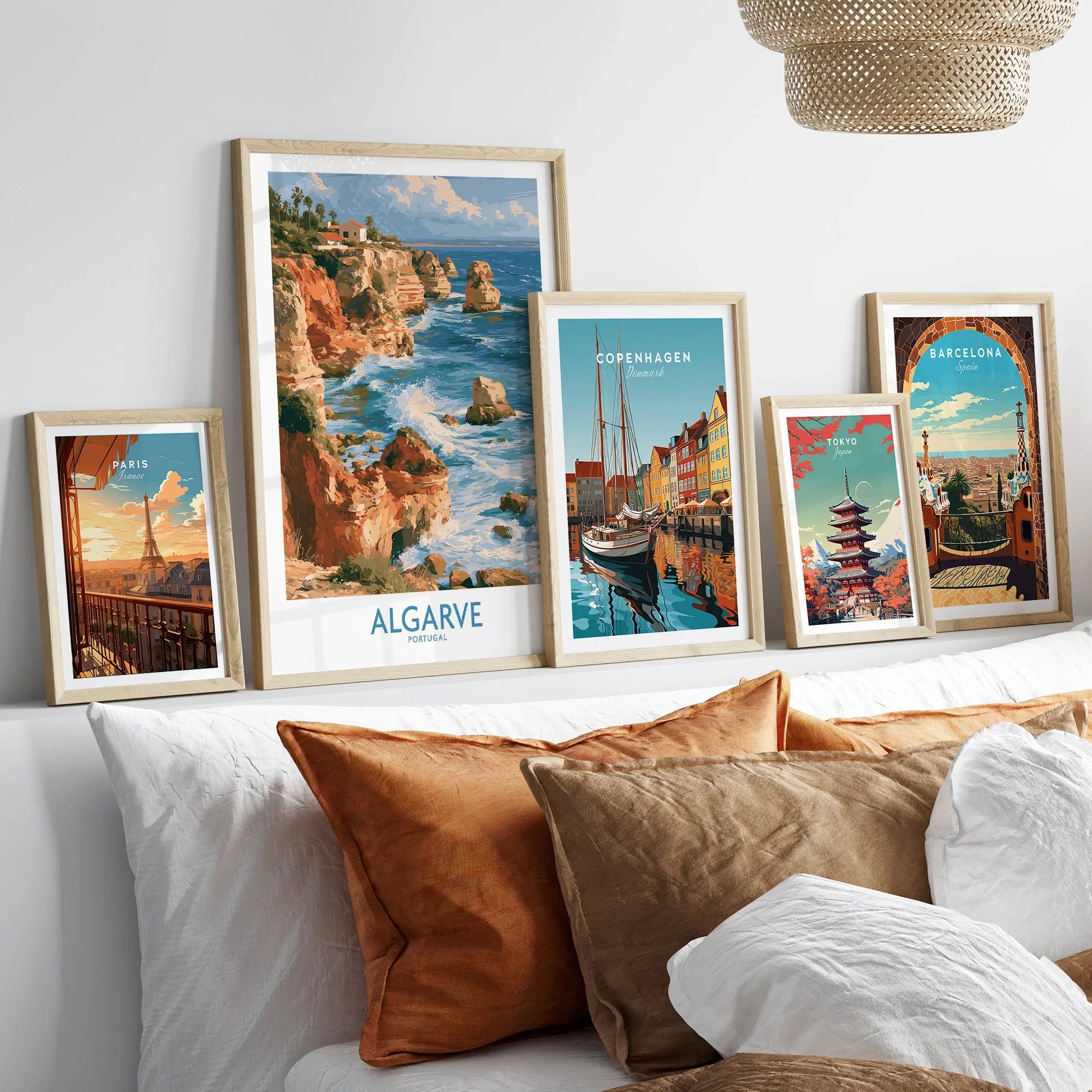 Algarve Portugal Benagil Cave Wall Art — set five framed artprints above bed natural wood frames
