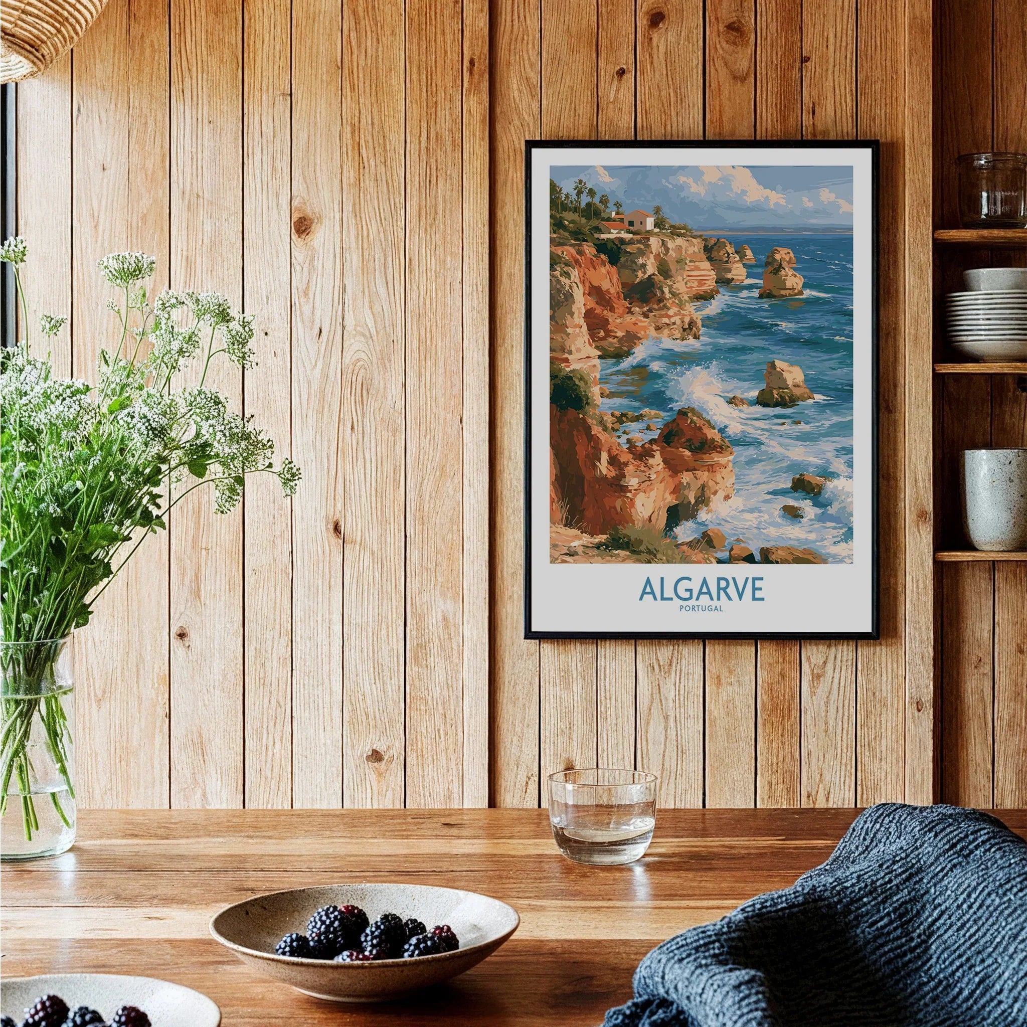 Algarve Portugal Benagil Cave Wall Art — black framed art print kitchen setting