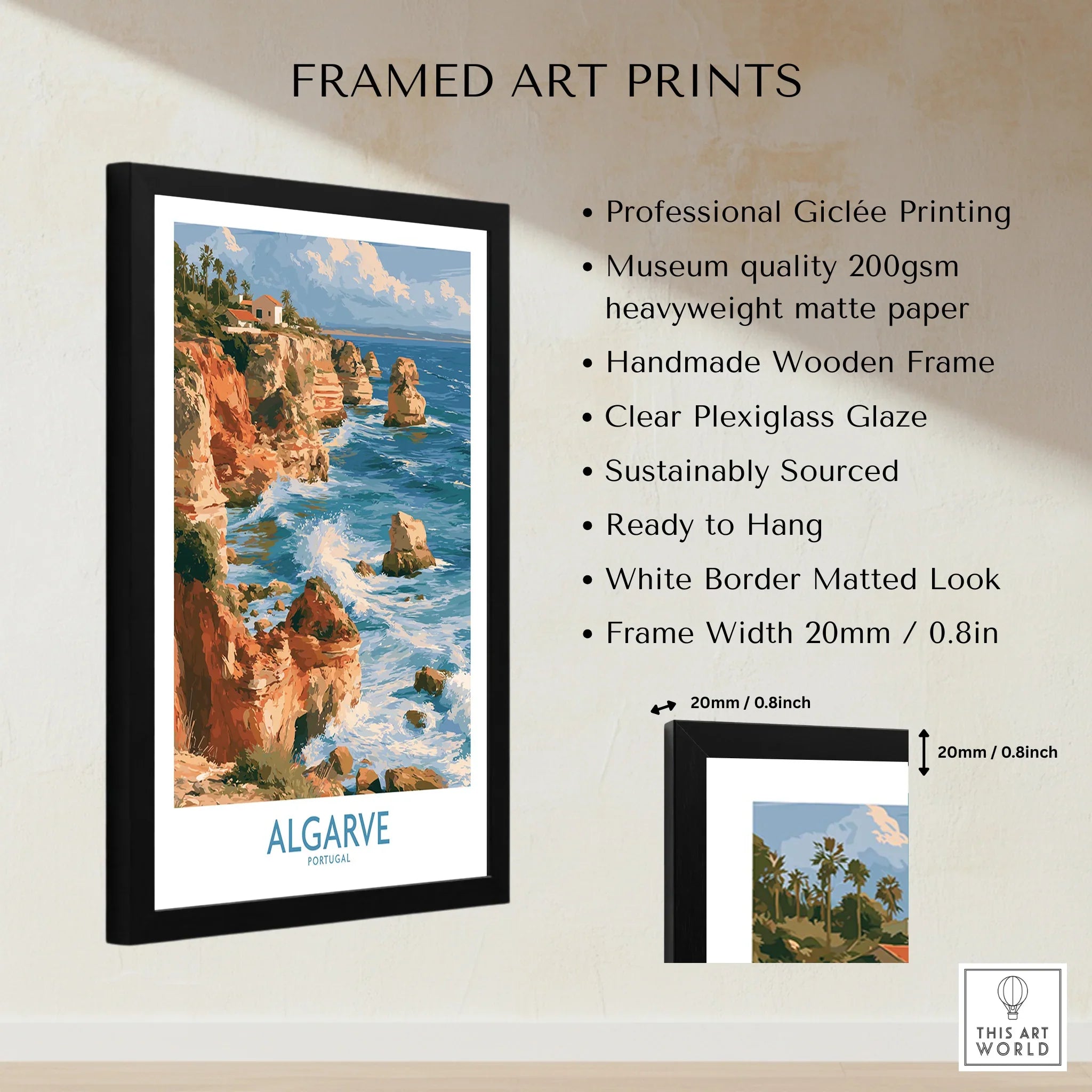 Algarve Portugal Benagil Cave Wall Art — framed print details measurements quality details