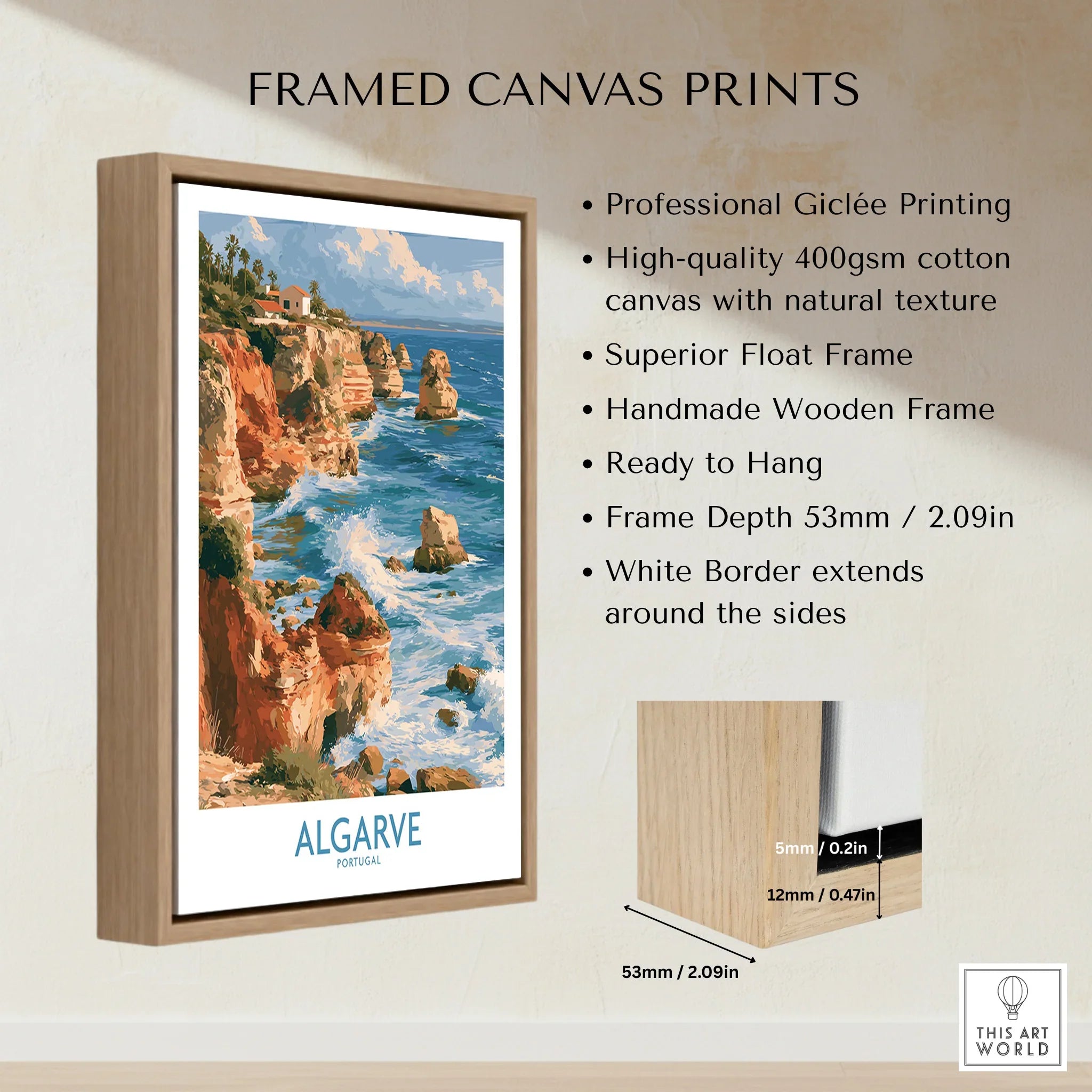 Algarve Portugal Benagil Cave Wall Art — framed canvas float frame details quality
