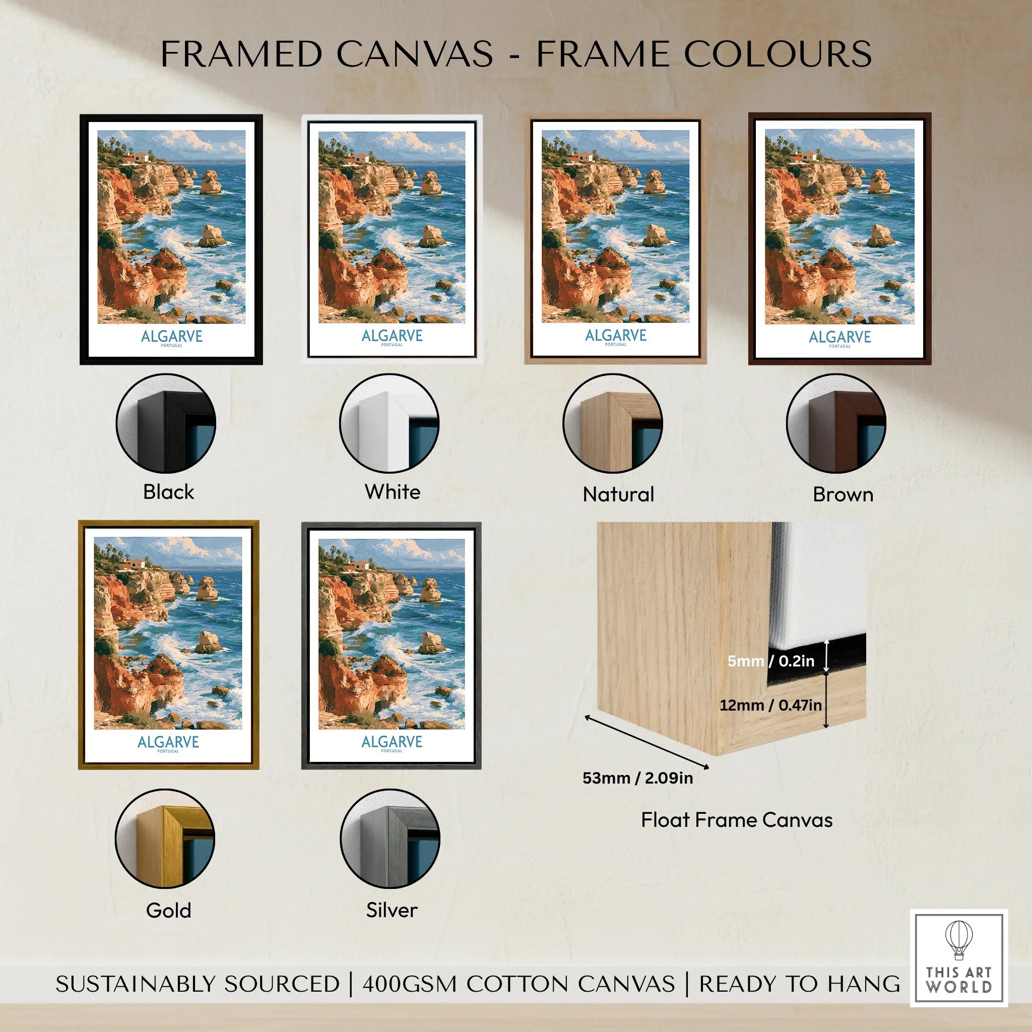 Algarve Portugal Benagil Cave Wall Art — framed canvas float frame colour options