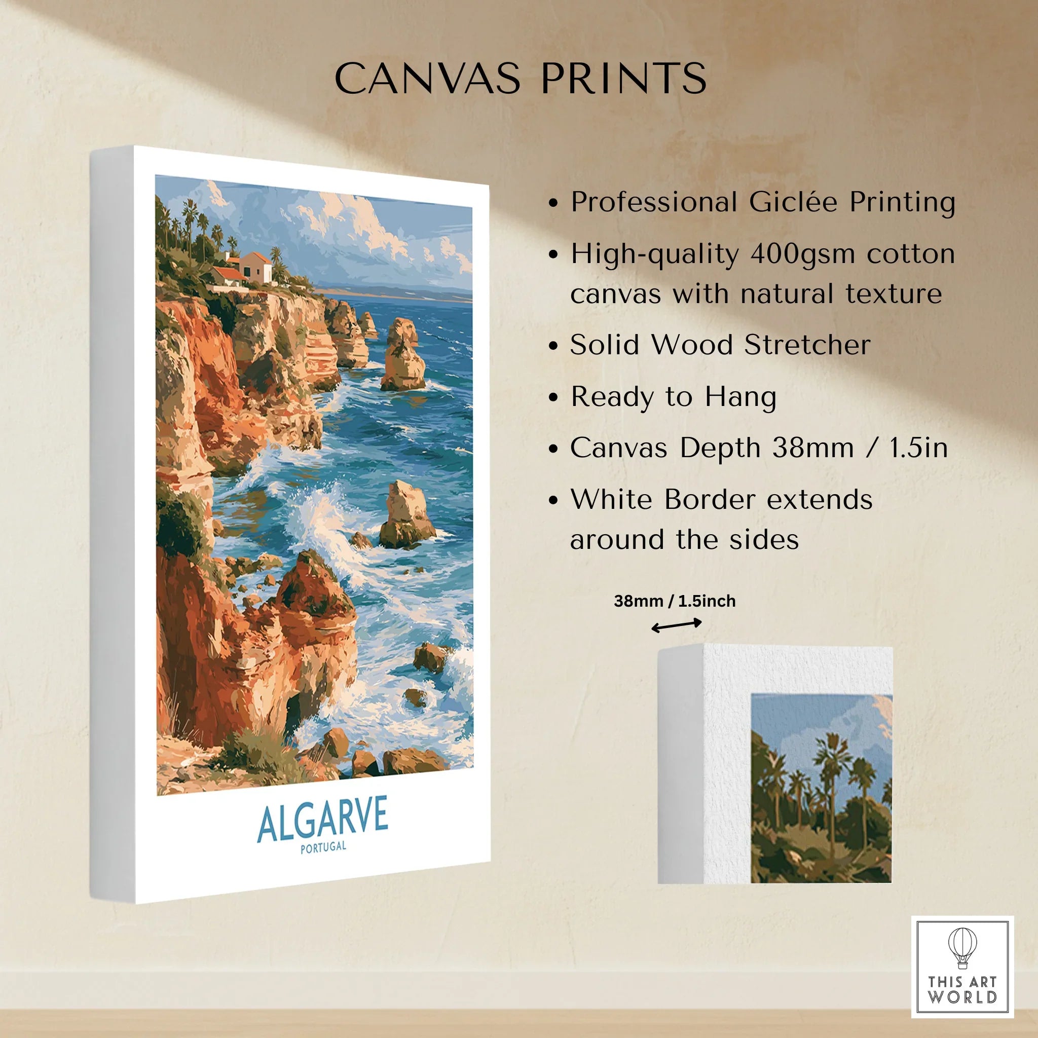Algarve Portugal Benagil Cave Wall Art — canvas print stretched cotton canvas details