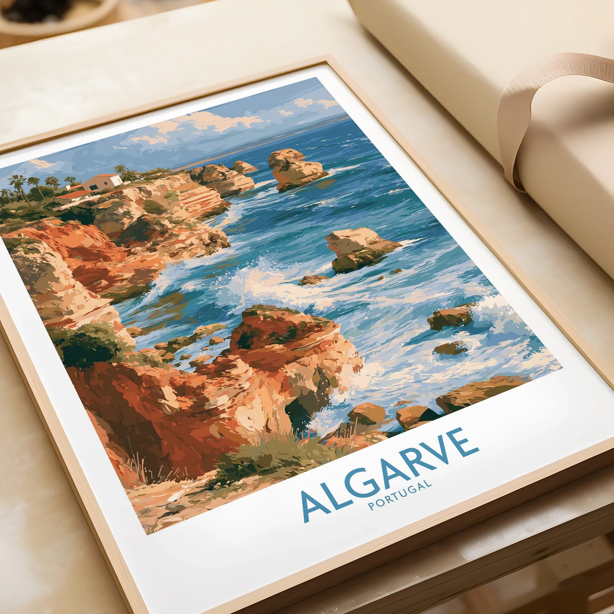 Algarve Portugal Benagil Cave Wall Art — framed art print closeup gift unwrapped natural frame