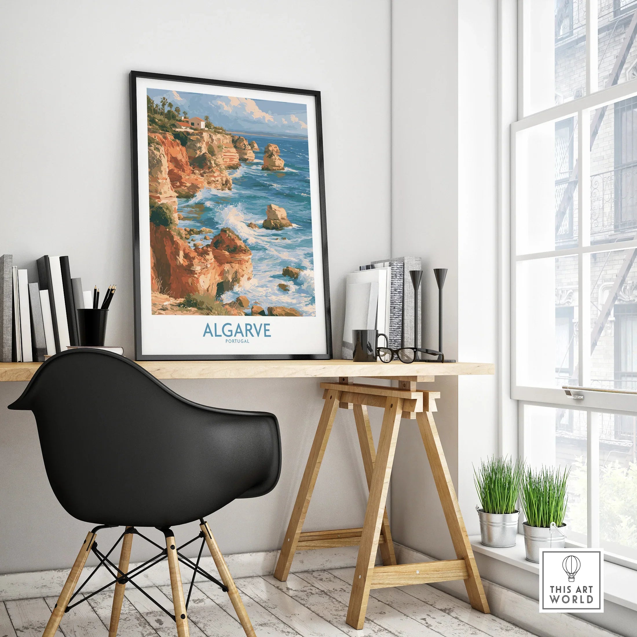 Algarve Portugal Benagil Cave Wall Art — framed poster black frame on office desk modern
