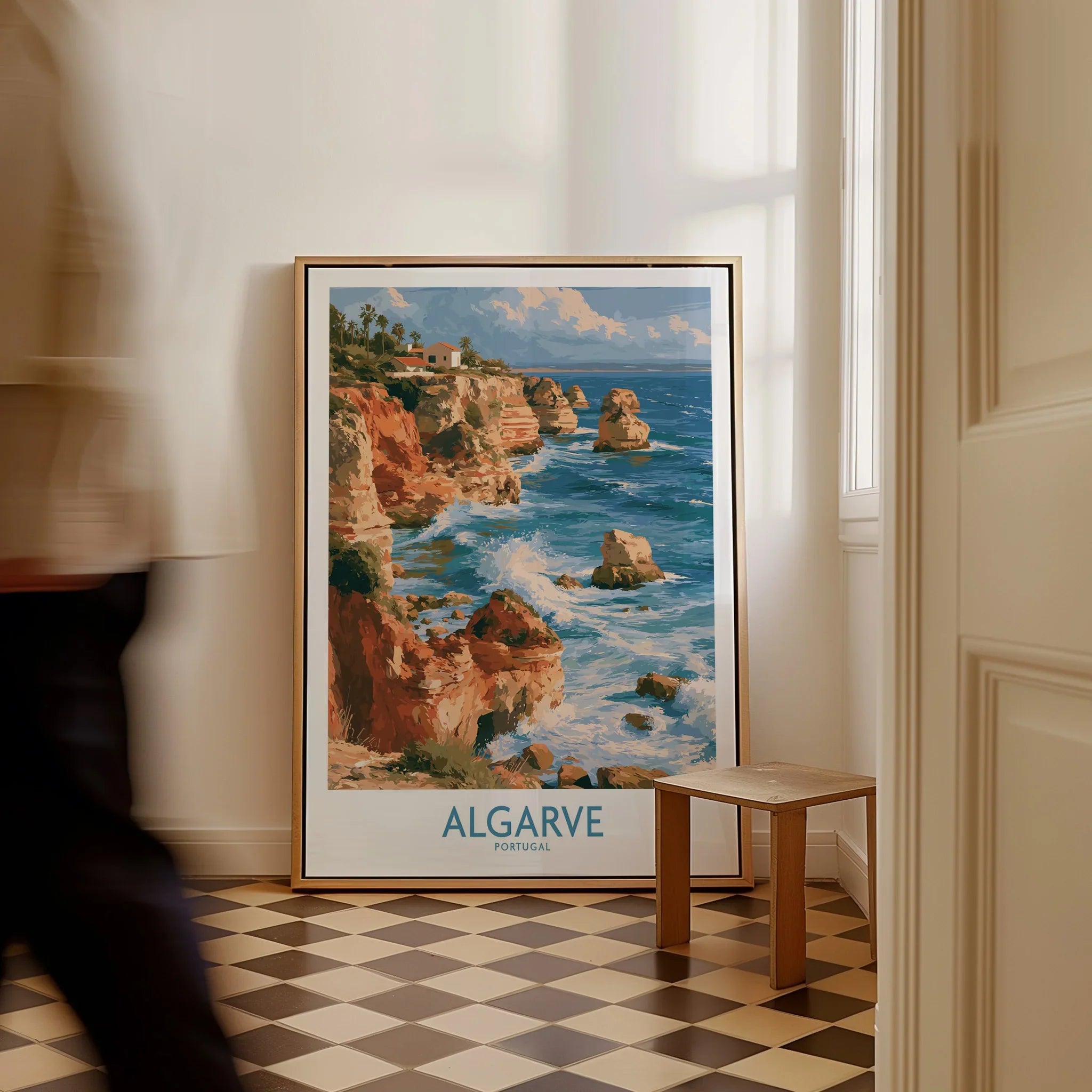 Algarve Portugal Benagil Cave Wall Art — framed canvas on floor man walking past