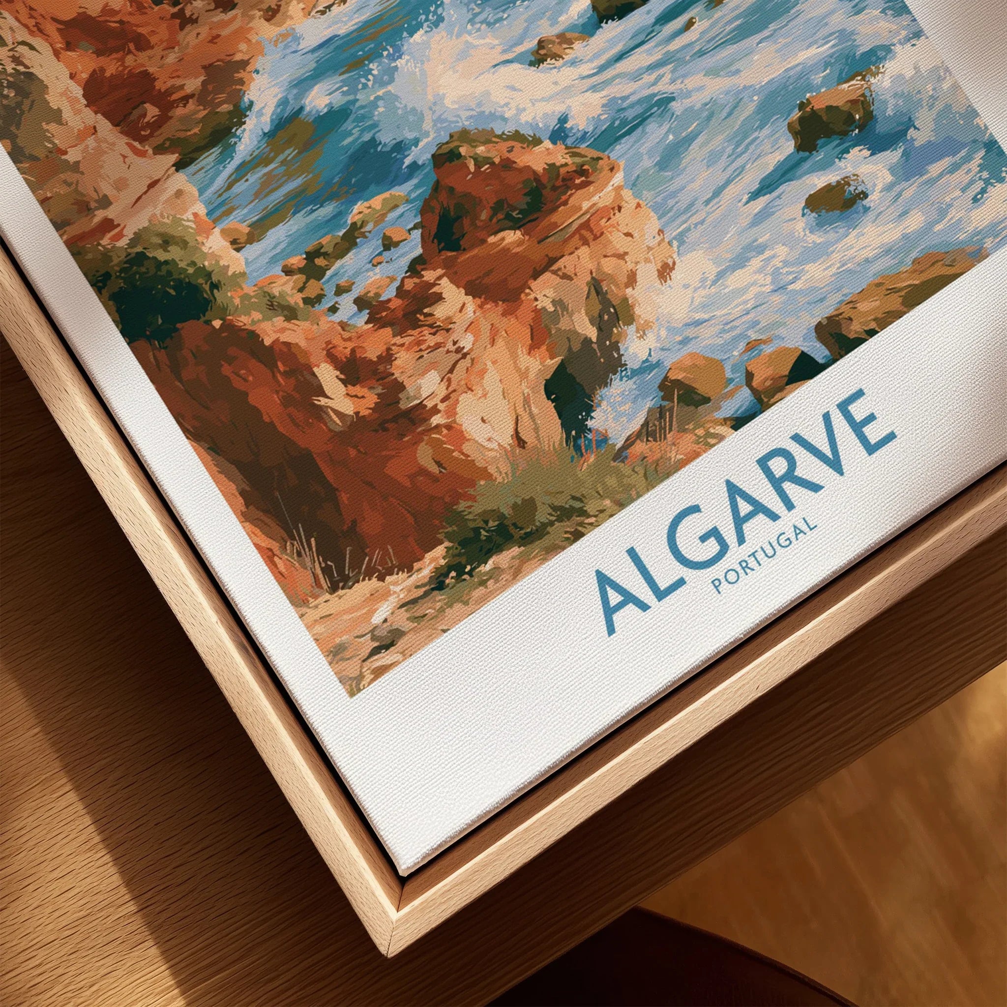 Algarve Portugal Benagil Cave Wall Art — closeup framed canvas natural wood floating frame