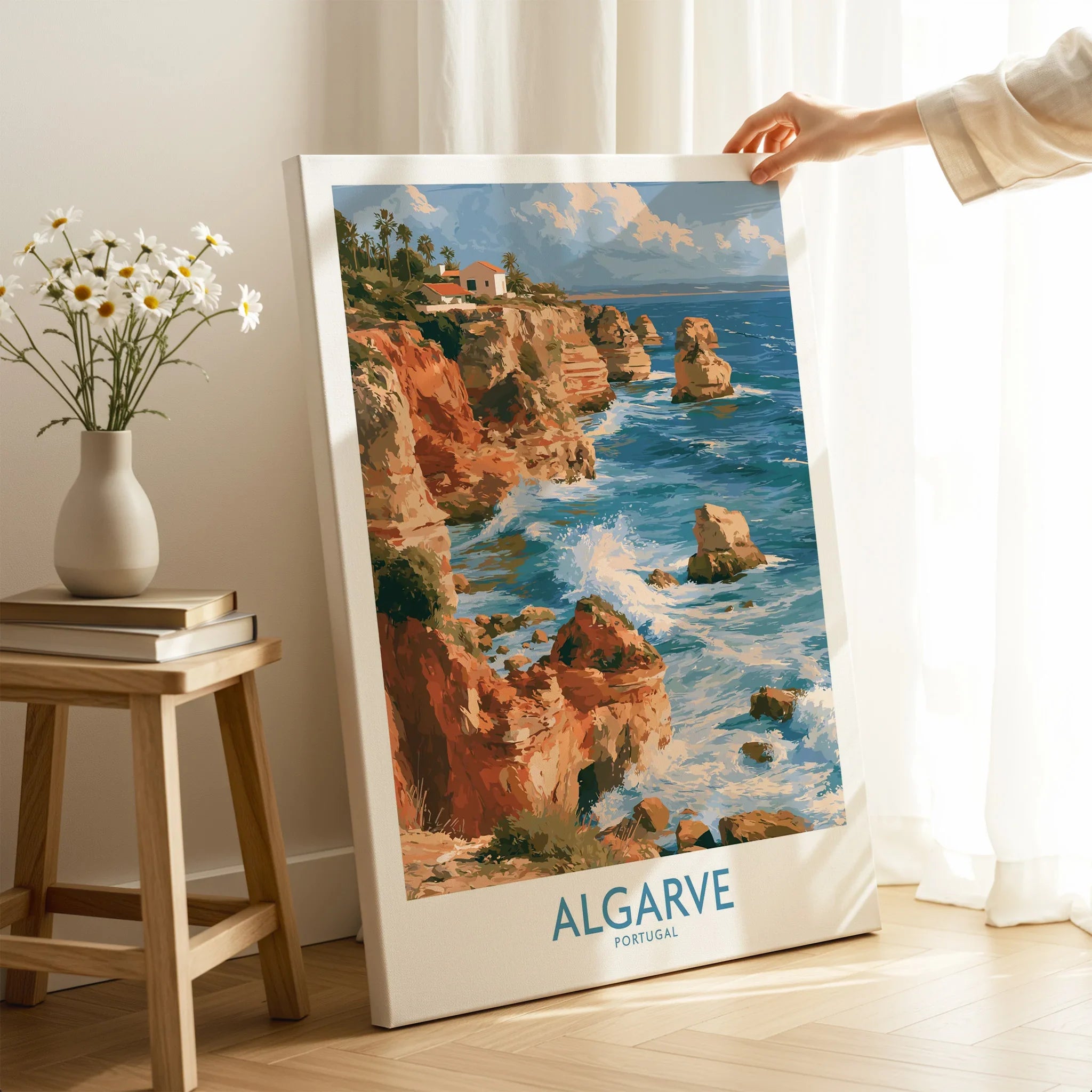 Algarve Portugal Benagil Cave Wall Art — canvas print mirror edge hand holding room setting