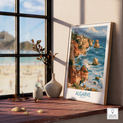 Algarve Portugal Benagil Cave Wall Art — framed print window view natural wood frame