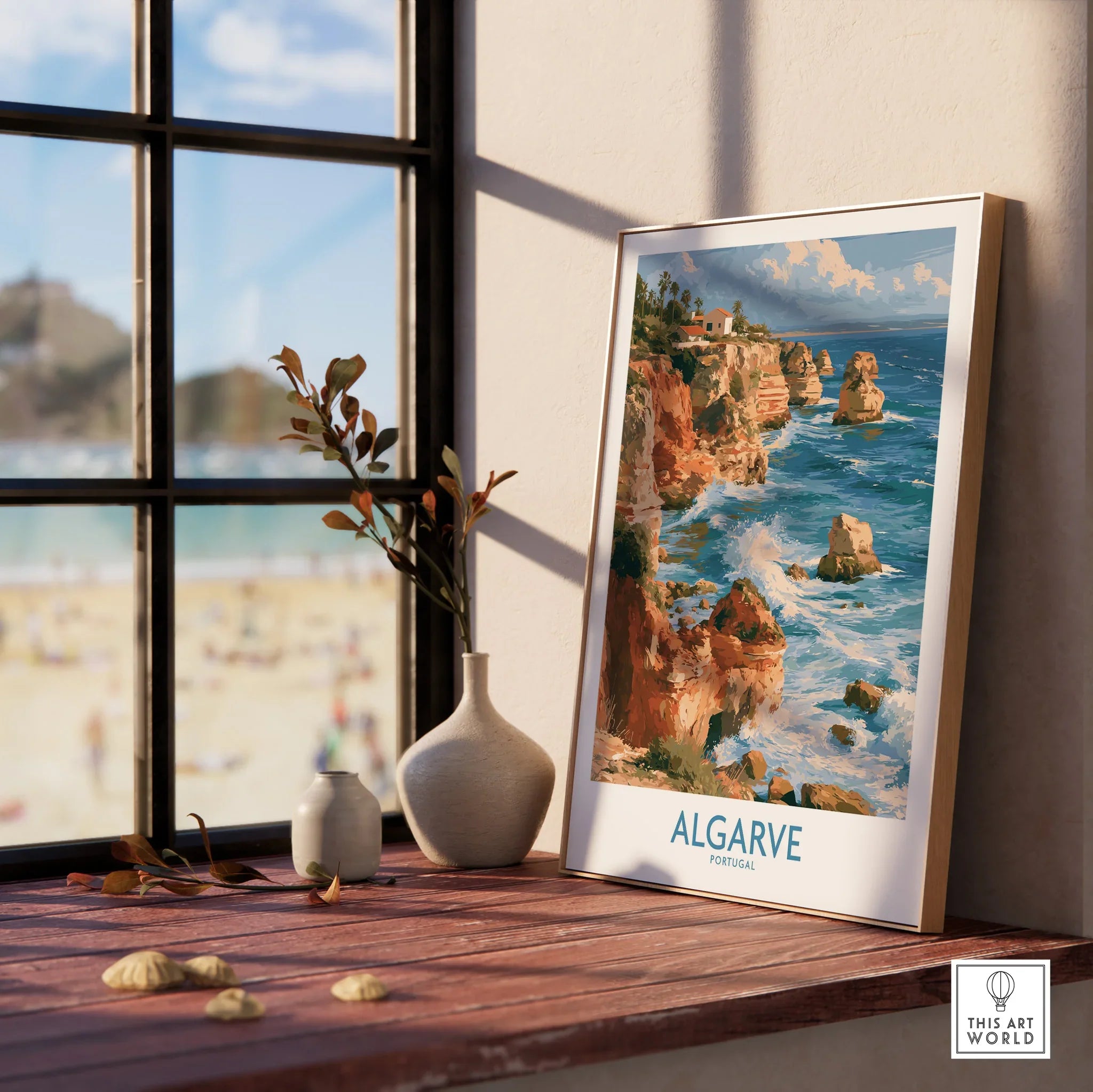 Algarve Portugal Benagil Cave Wall Art — framed print window view natural wood frame