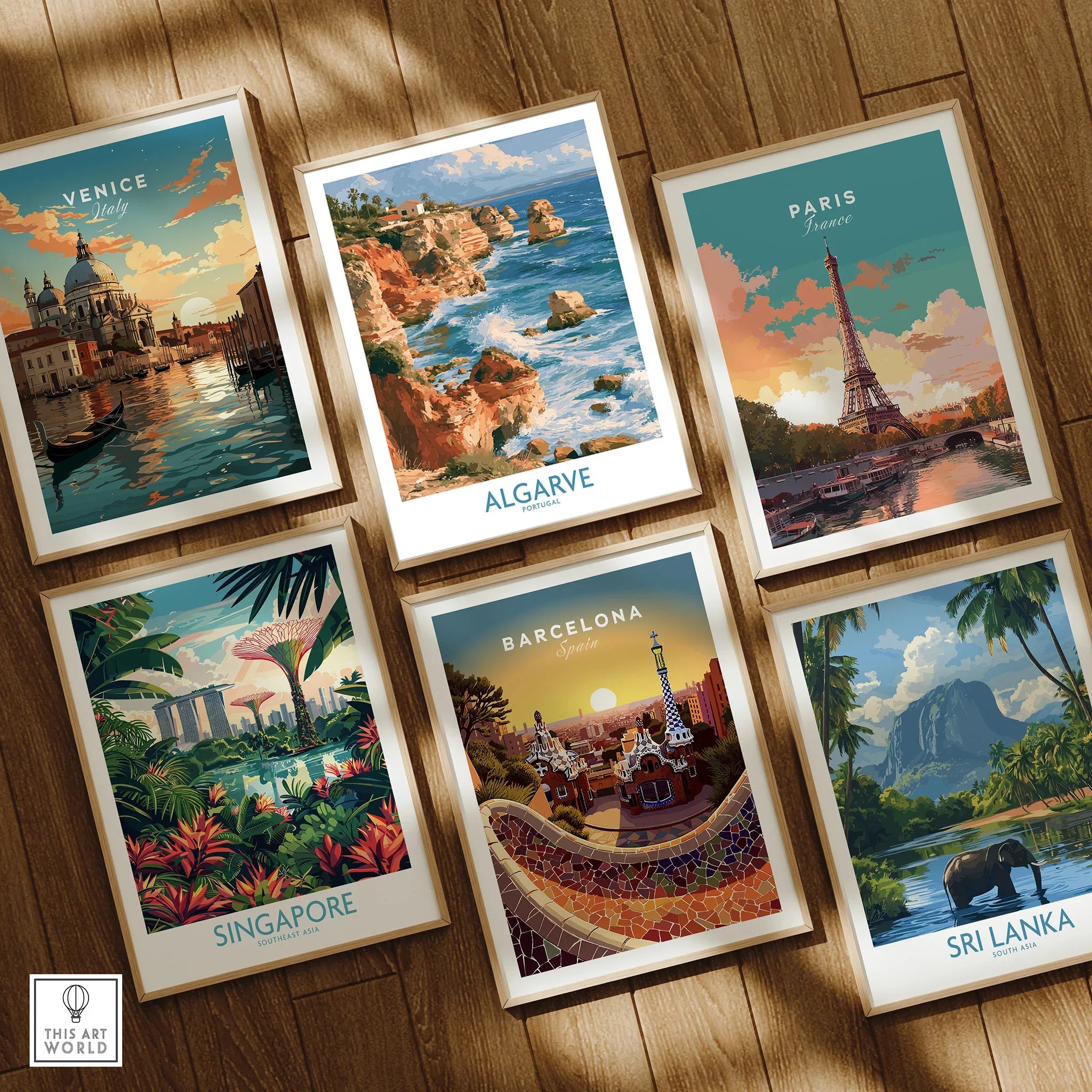 Algarve Portugal Benagil Cave Wall Art — set six framed art prints wooden floor natural wood frames
