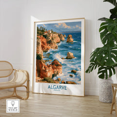 Algarve Portugal Benagil Cave Wall Art — large framed print room setting chair plant