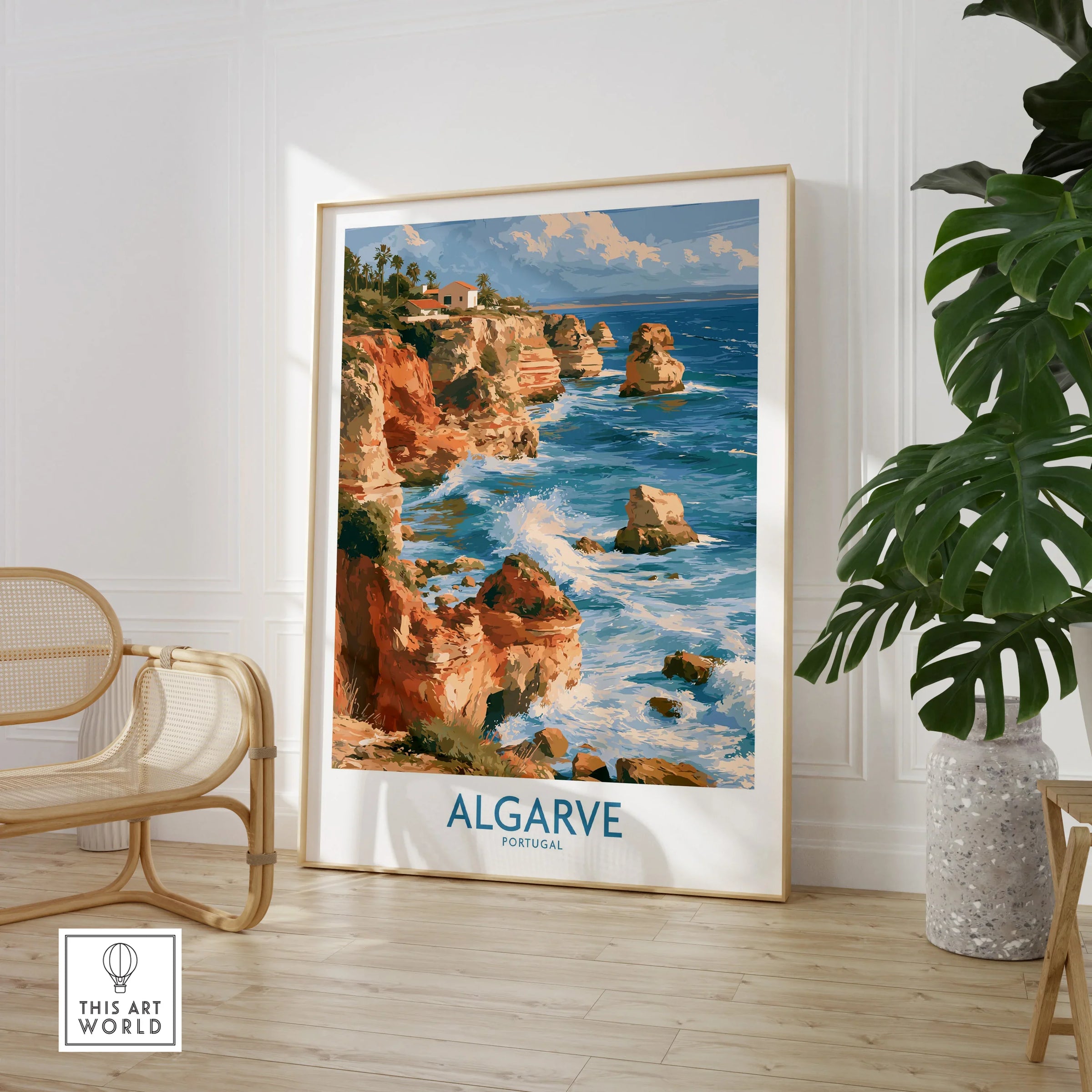 Algarve Portugal Benagil Cave Wall Art — large framed print room setting chair plant