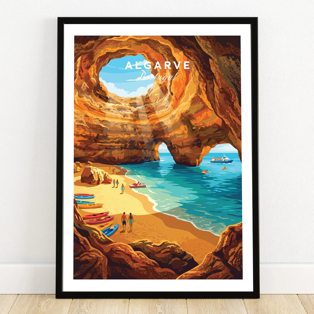 Algarve Portugal Sea Caves Travel Poster — art print in black frame on wooden floor