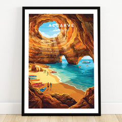 Algarve Portugal Sea Caves Travel Poster — art print in black frame on wooden floor