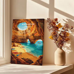 Algarve Portugal Sea Caves Travel Poster — canvas print window setting with shadows flowers