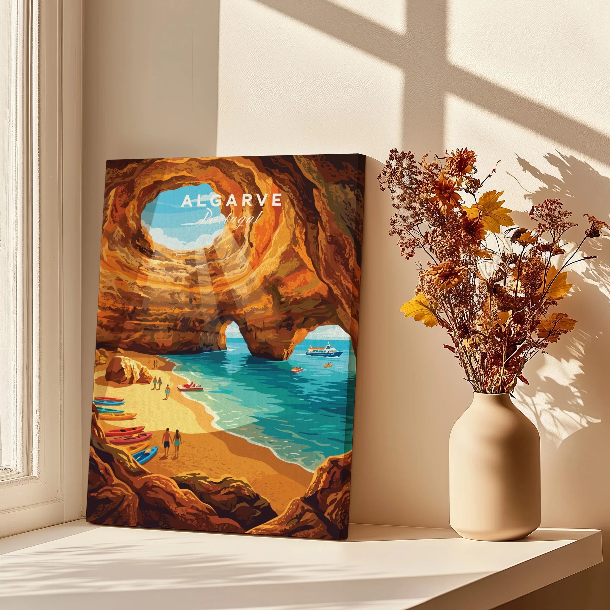 Algarve Portugal Sea Caves Travel Poster — canvas print window setting with shadows flowers
