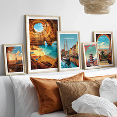 Algarve Portugal Sea Caves Travel Poster — set five framed artprints above bed natural wood frames