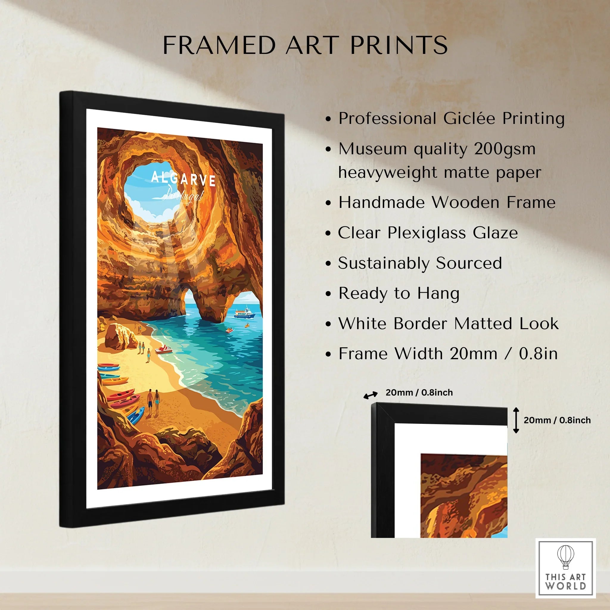 Algarve Portugal Sea Caves Travel Poster — framed print details measurements quality details