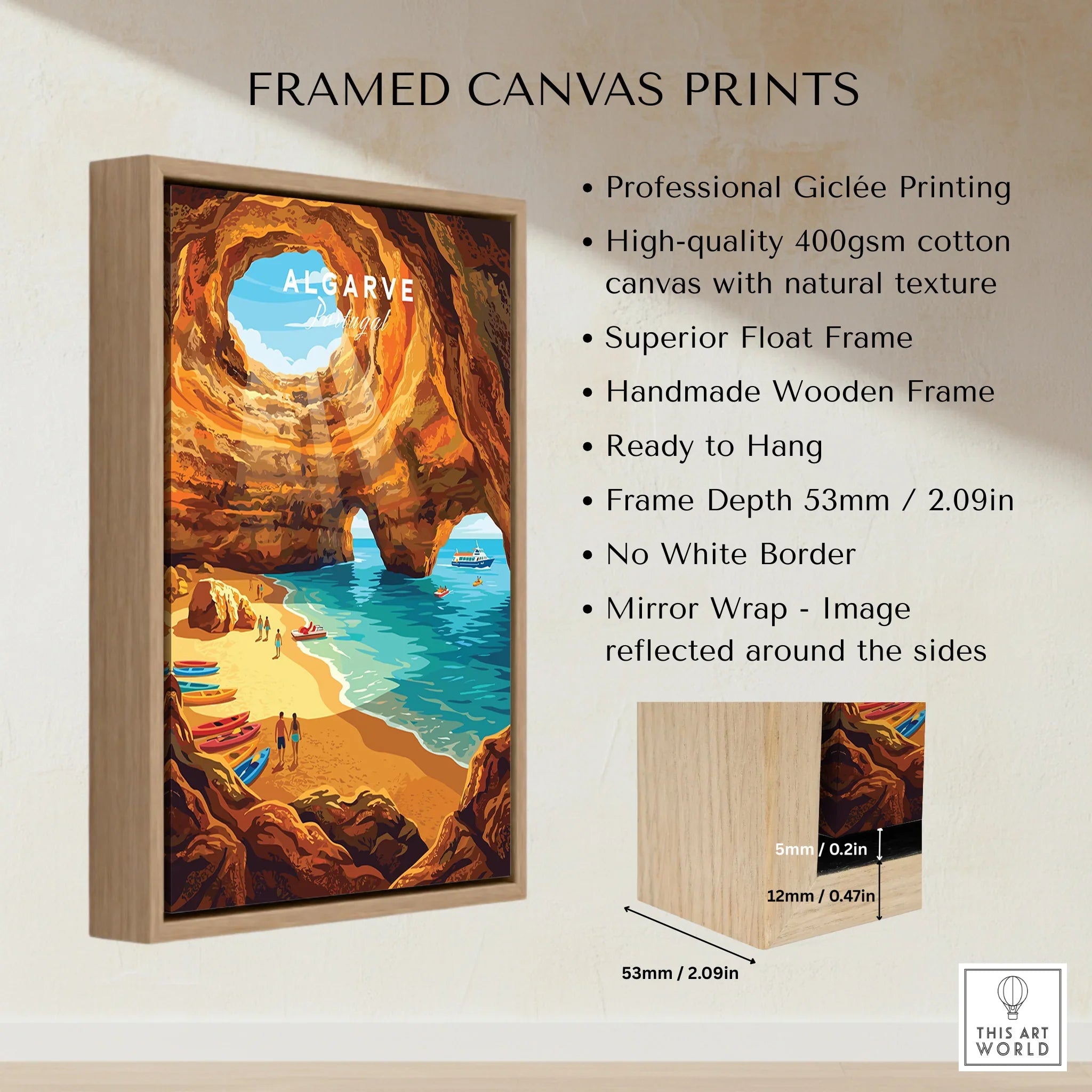 Algarve Portugal Sea Caves Travel Poster — framed canvas float frame details quality
